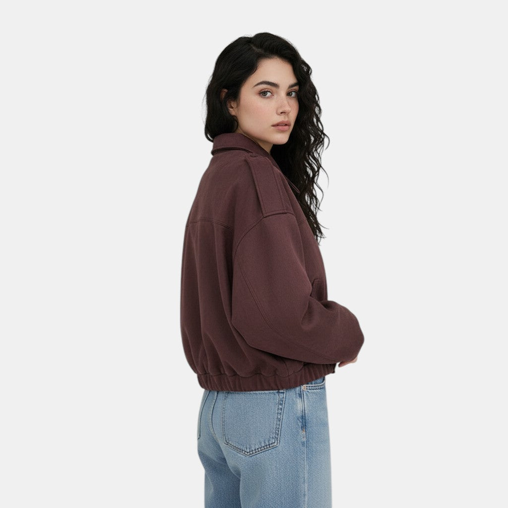 Women’s Cropped Bomber Jacket with Lapel Collar