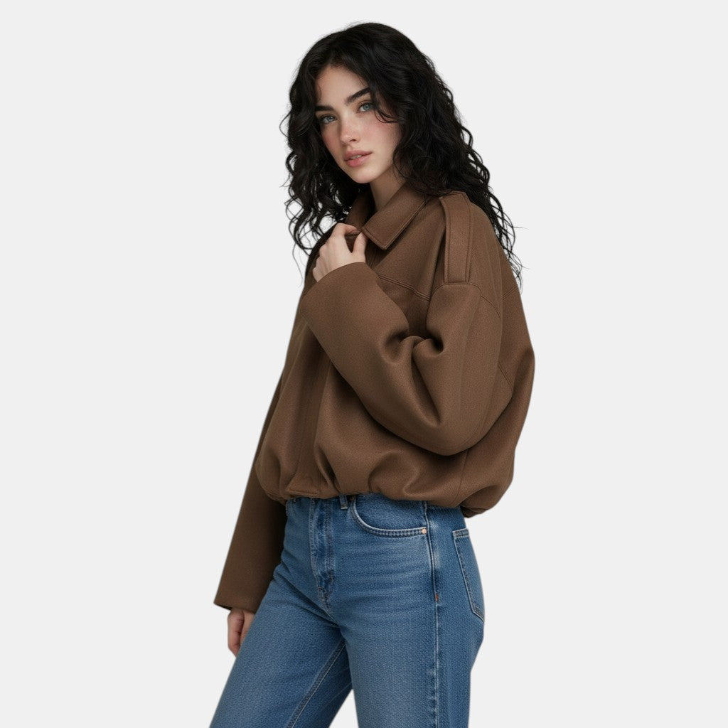 Women’s Cropped Bomber Jacket with Lapel Collar