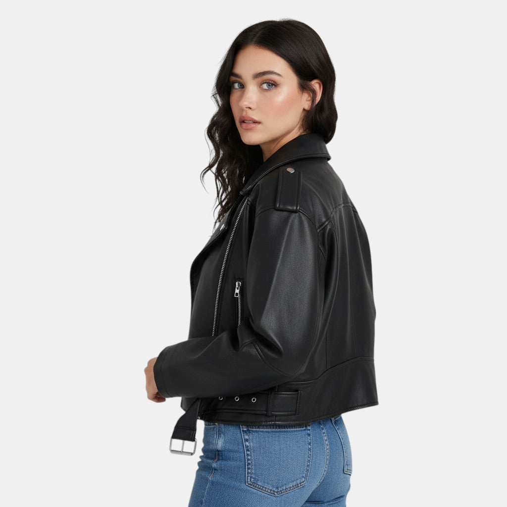 Women’s Cropped Leather Biker Jacket